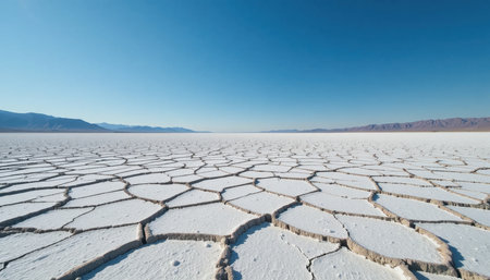 Expansive view of cracked salt flats extending towards mountains under a bright blue sky, showing nature's beauty.の素材