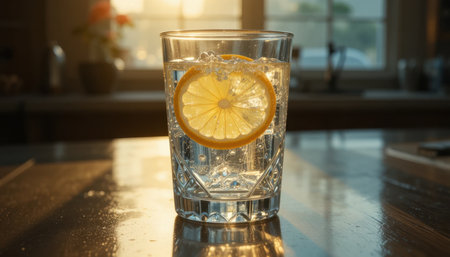 Cold sparkling lemon drink with ice and a slice of lemon rests on a kitchen table, illuminated by soft sunlight.の素材