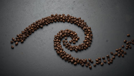 Coffee beans create a spiral design, showing their rich color against a dark background.の素材