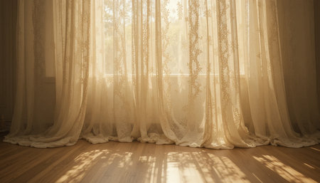 Sunlight shines gently through delicate curtains, casting soft shadows on the warm wooden floor.の素材
