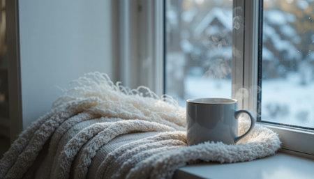 Warm drink rests on a soft blanket near a window, with snow-covered scenery outside creating a peaceful winter scene.の素材