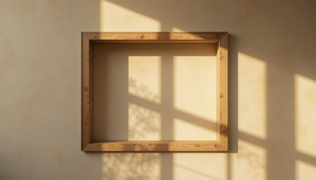 Sunlight filters through a window, creating soft shadows in an empty wooden frame against a neutral wall.の素材