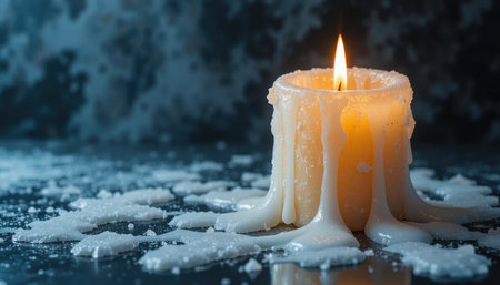 A candle casts a soft light while wax drips elegantly down its sides, creating a calming atmosphere.の素材