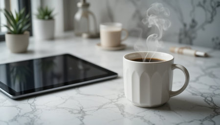 A warm cup of steaming coffee rests on a marble table, beside a tablet and small plants, creating a calm morning scene.の素材
