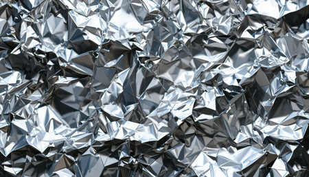 Shiny, crumpled metallic material shows various folds and reflections, creating a dynamic texture across the surface.の素材
