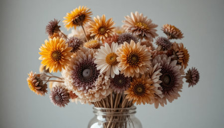 A lovely mix of dried yellow and brown flowers in a glass jar against a neutral background.の素材