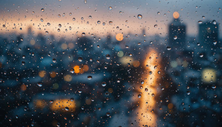Raindrops cling to a window while city lights shine through as dusk sets in, creating a beautiful urban scene.の素材