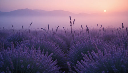 Lavender blooms stretch across the field as the sun rises, casting a soft glow over the misty morning landscape.の素材