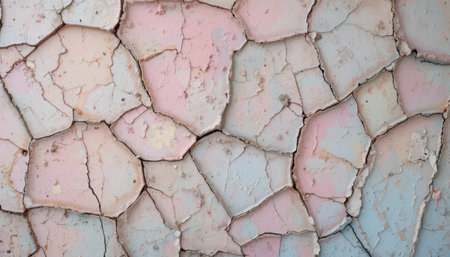 Detailed close-up of peeling, colorful paint revealing cracks and patterns on a weathered wall surface.の素材