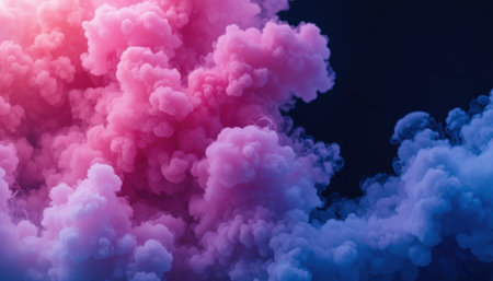 Swirling pink and blue smoke clouds create a vivid and dynamic scene against a dark background.の素材