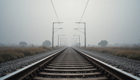 A quiet morning scene features railway tracks disappearing into fog, surrounded by fields and distant trees.の素材