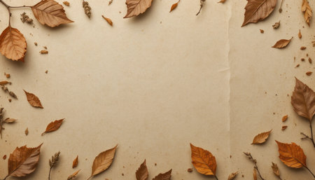 Dried brown and orange leaves lay artistically on a textured neutral backdrop, capturing the essence of fall.の素材
