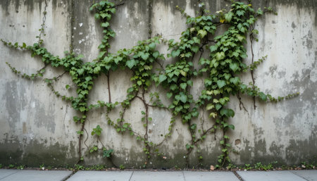 Lush green vines grow over a weathered concrete wall in a calm outdoor space under natural daylight.の素材