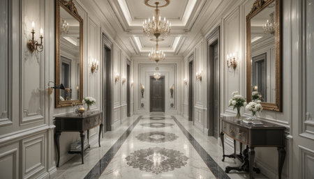 A beautiful hallway showcases elegant design with chandeliers, mirrors, and floral arrangements enhancing the decor.の素材