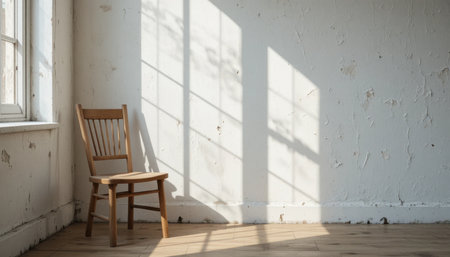 A wooden chair sits alone in a quiet room, sunlight streaming through a window emphasizes the textures and shadows.の素材