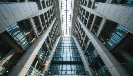 A striking view of a tall atrium surrounded by concrete pillars and expansive glass panels in a bustling city.の素材