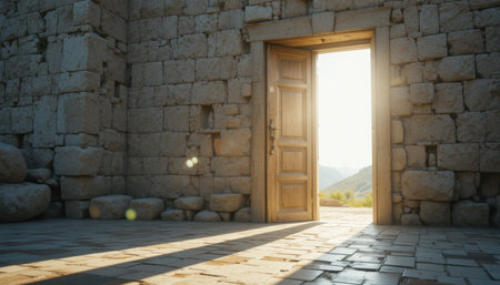 Soft sunlight streams through an open door in an ancient stone building, illuminating the floor and surrounding rocks.の素材