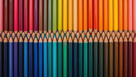 A vibrant display of colored pencils arranged in neat rows, showing a spectrum of hues for art projects.の素材