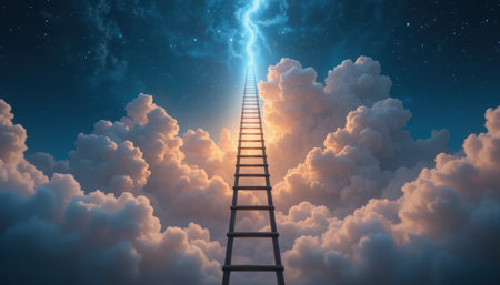 An ethereal ladder stretches upward into dark clouds, glowing with bright lightning at night, creating a surreal scene.の素材