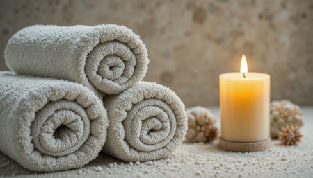 Three soft rolled towels are arranged beside a lit candle, creating a calm and soothing atmosphere in a spa setting.の素材