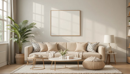 Spacious living room showcases a soft color palette, modern furniture, and ample natural light from large windows.の素材