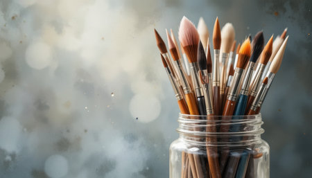 Art brushes in a glass jar glow softly against a blurred background, creating a calming scene.の素材