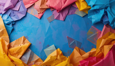 Vibrant paper folds in various colors surround a bright blue center, creating an engaging and playful design.の素材