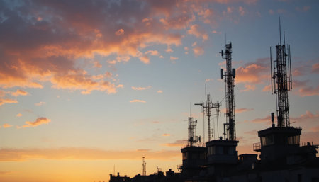 Silhouetted communications towers rise against a vibrant sunset sky filled with colorful clouds during dusk.の素材