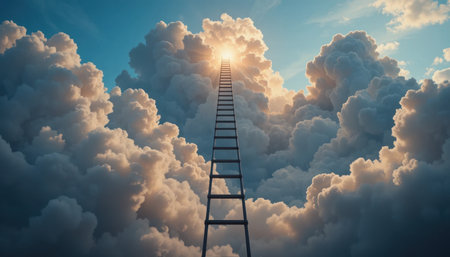 A tall ladder extends upward into fluffy clouds, illuminated by warm light, creating an inspiring scene of possibility.の素材