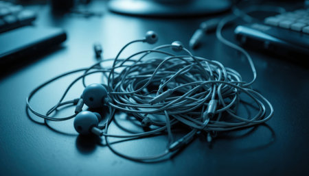 Earphones are tangled on a dark desk, surrounded by computers and gadgets in a busy workspace.の素材