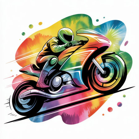 A motorcycle rider in full gear races across a lively, colorful backdrop filled with splashes of paint.の素材