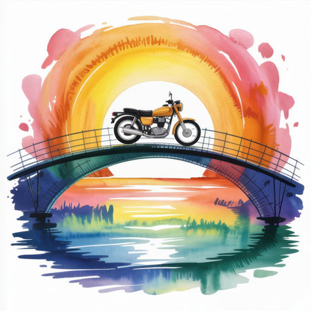 Vibrant colors fill the scene as a motorcycle rests on a bridge against a stunning sunset backdrop.の素材
