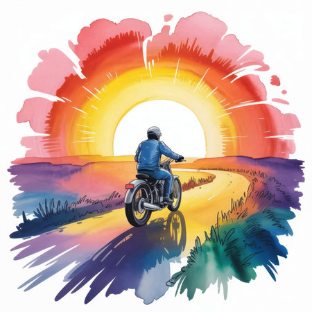 A motorcycle rider travels a winding road under a colorful sunset, captured in beautiful watercolor style.の素材