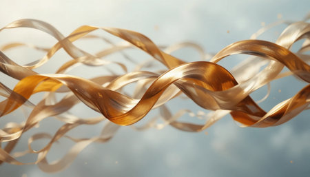 Delicate ribbons of gold and bronze twist and float gently in a soft light, creating a mesmerizing visual display.の素材