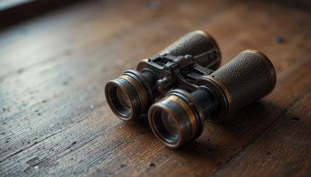 Vintage binoculars rest on a rustic wood surface, bathed in soft, natural light that showcases their details.の素材