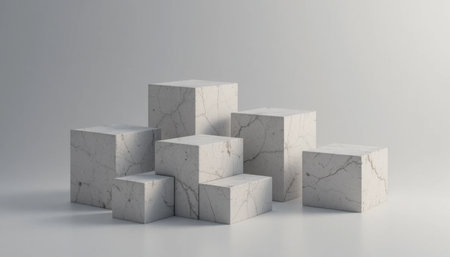 White marble blocks of different sizes are artistically arranged on a light background, showing their textures.の素材