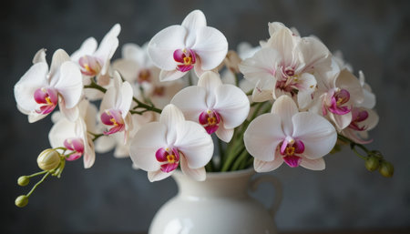 A beautiful arrangement of white orchids features delicate pink accents, displayed in a simple vase on a wooden table.の素材