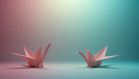 Two delicate origami cranes are positioned opposite each other against a vibrant pastel background, showcasing artistry.の素材