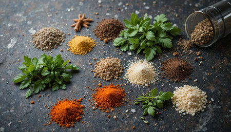 Various spices and herbs are neatly displayed on a dark surface, showing colorful and aromatic ingredients.の素材