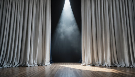 Dramatic curtains part to unveil a dimly lit area, with a focused beam of light enhancing the atmosphere of mystery.の素材