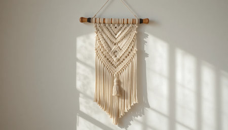 Intricate macrame wall decor hangs elegantly against a light wall, highlighting craftsmanship and shadows.の素材