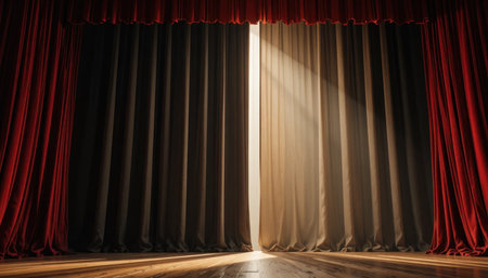 Curtains are pulled back to let a radiant beam of light shine onto the wooden stage floor.の素材