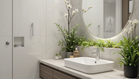 Bright and airy bathroom showcases minimalistic decor with plants and modern sink creating a serene atmosphere.の素材