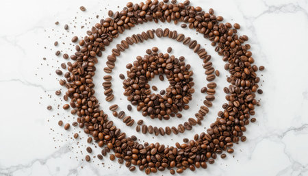Dark roasted coffee beans form intricate spiral patterns on a smooth marble countertop, showing their rich texture.の素材