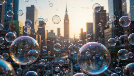 City skyline features iconic buildings under a golden sunset with bubbles floating in the foreground.の素材