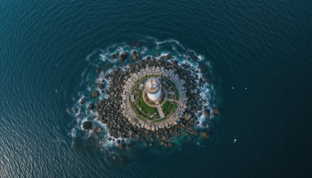 A lighthouse stands atop a rocky island, surrounded by deep blue ocean waves, under bright daylight.の素材