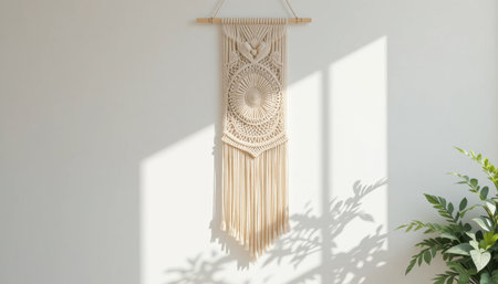 Macrame wall art hangs elegantly against a light wall, adorned by gentle sunlight and greenery.の素材