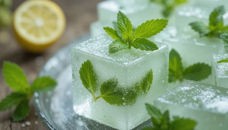 Mint jelly squares are presented on a silver tray alongside fresh lemon and sprigs of mint.の素材