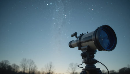 Stargazer uses a telescope to observe distant stars in a clear night sky as dusk falls.の素材