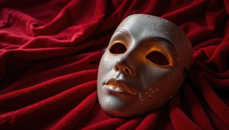 A gray mask with golden highlights lies gracefully on a rich red fabric, creating a striking visual contrast.の素材